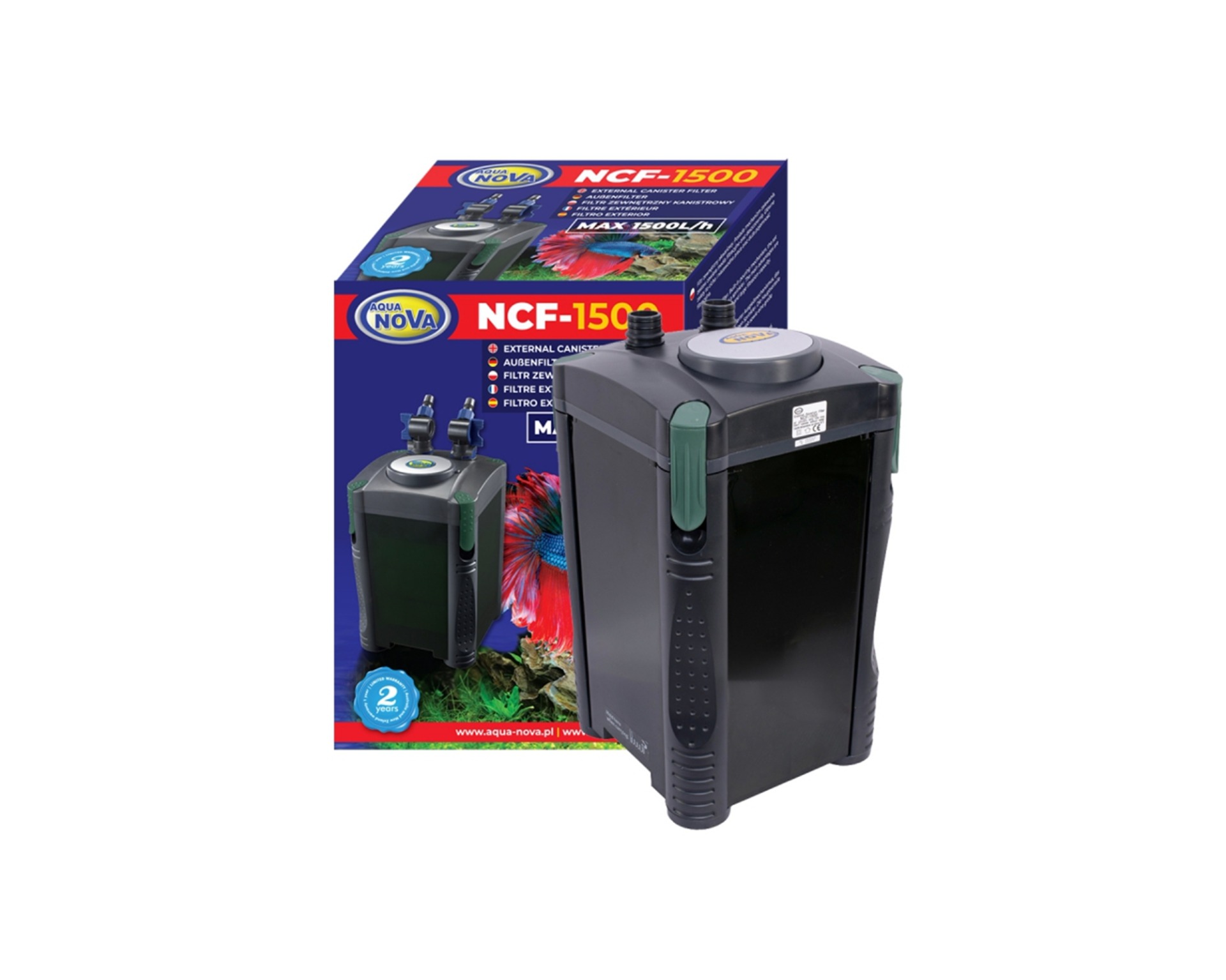 Aqua Nova NCF-1500 buitenfilter naast de verpakking