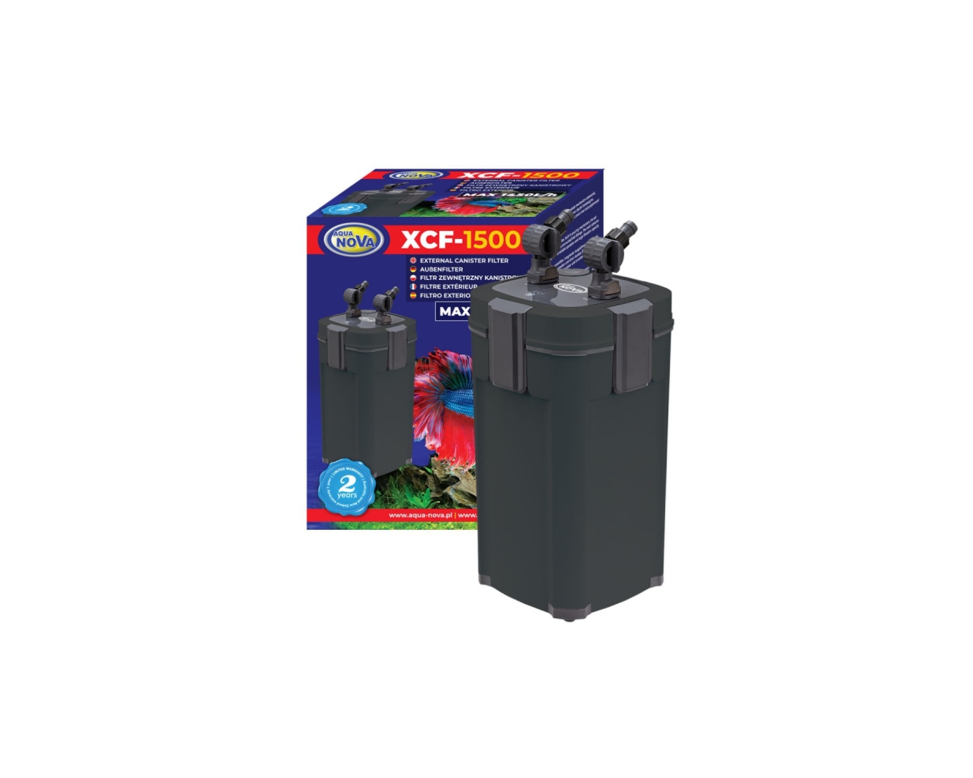 Aqua Nova XCF-1500 buitenfilter naast de verpakking