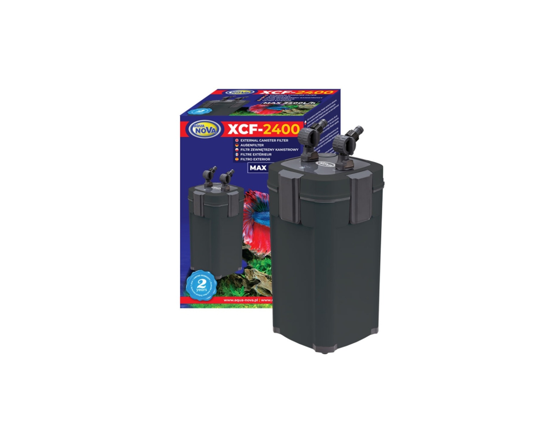 Aqua Nova XCF-2400 buitenfilter naast de verpakking