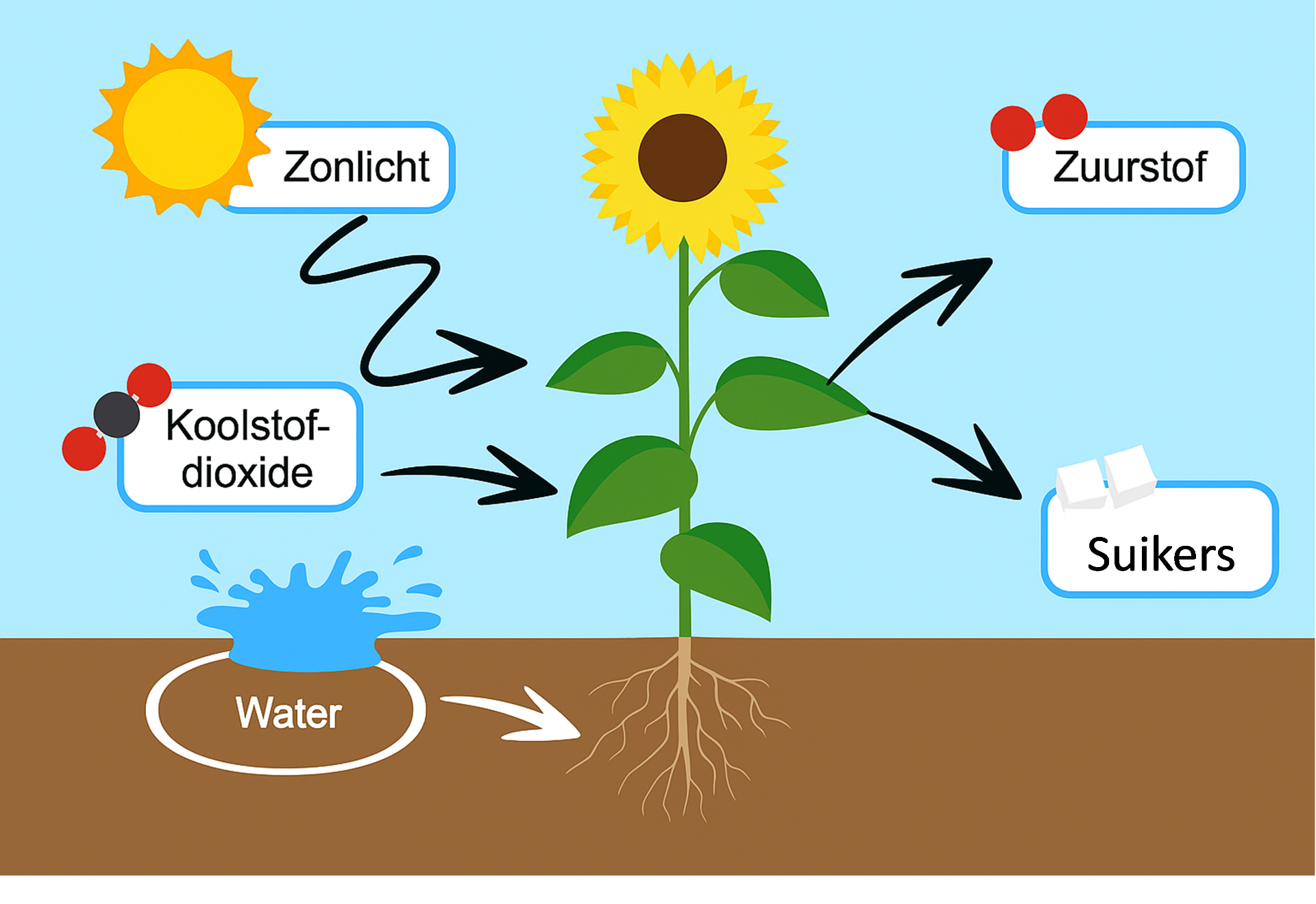 Schematische uitleg van wat fotosynthese in de kern is. Alhoewel je aquarium natuurlijk geen zonnebloemen bevat ;)